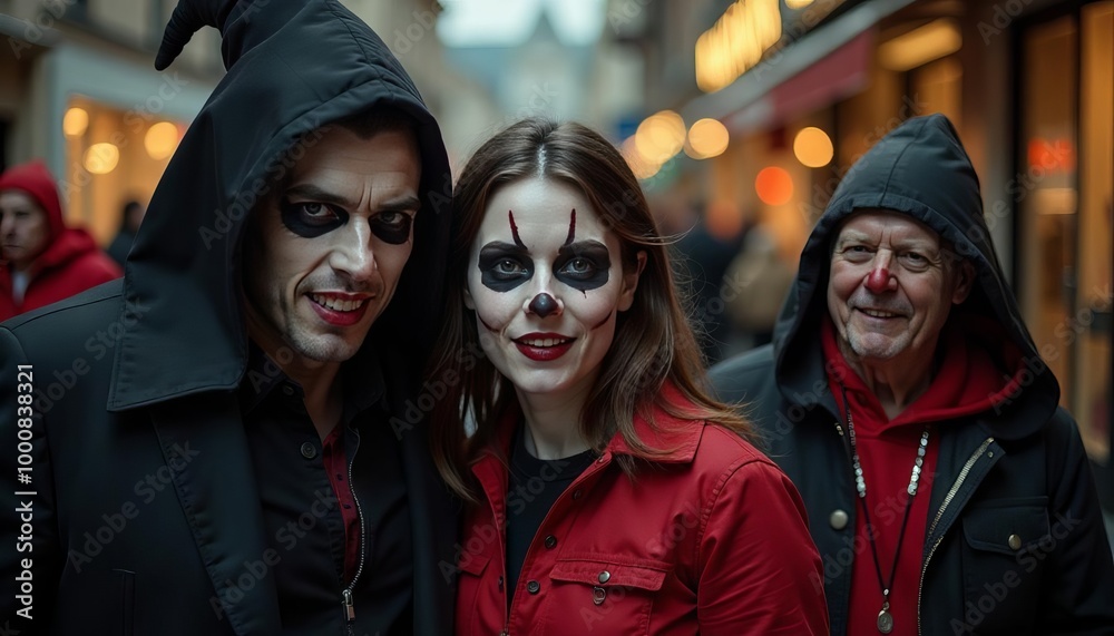 Smiling couple in a city street, dressed in stylish black and red outfits, sharing a moment of happiness together