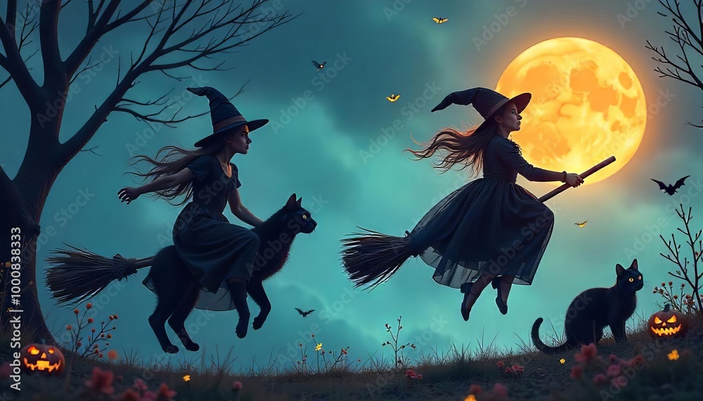 Fototapeta premium Halloween scene featuring a witch flying on her broom across a moonlit sky with bats, a black cat, and a spooky atmosphere, capturing the essence of October's eerie charm