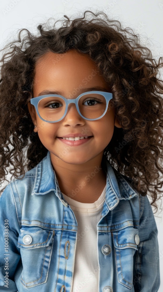 A young girl wearing a blue jacket and glasses is smiling A young girl wearing a blue jacket and glasses is smiling