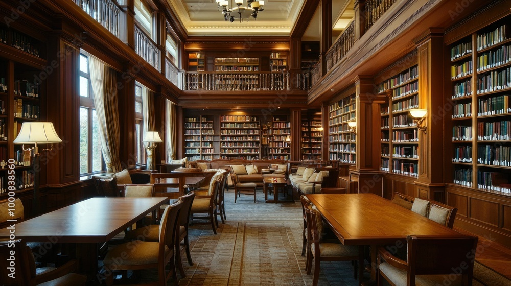 Spacious library featuring long wooden tables, high-back chairs, and cushioned sofas. A blend of classic design and modern comfort for book lovers. Spacious library featuring long wooden tables, high-back chairs, and cushioned sofas. A blend of classic design and modern comfort for book lovers.