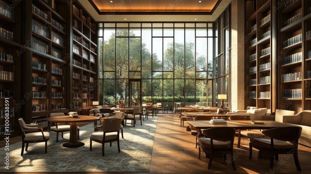 Spacious library featuring long wooden tables, high-back chairs, and cushioned sofas. A blend of classic design and modern comfort for book lovers.