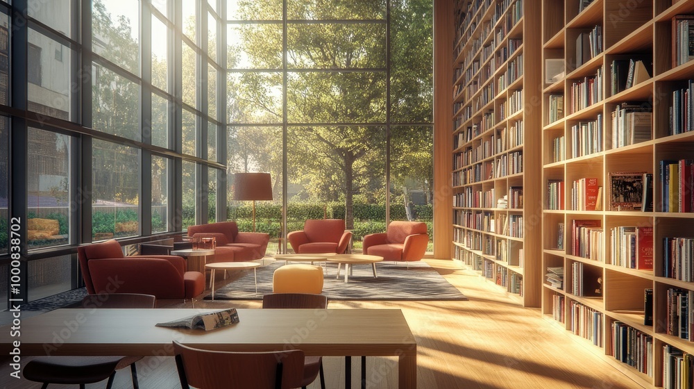 Stylish library with sleek tables, modern chairs, and sectional sofas. Bookshelves fill the walls while natural light floods the reading space. Stylish library with sleek tables, modern chairs, and sectional sofas. Bookshelves fill the walls while natural light floods the reading space.