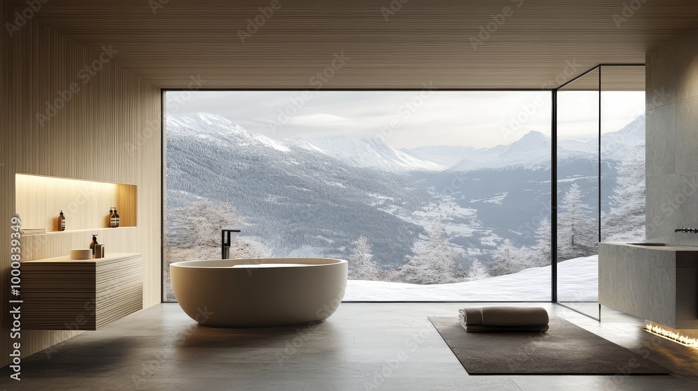 A sleek Scandinavian spa bathroom, featuring a sauna, a minimalist freestanding bathtub, and large windows that frame views of snow-covered mountains