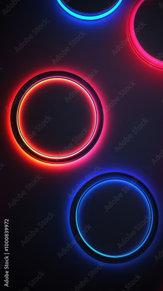 Neon Circles: A mesmerizing display of vibrant neon circles in bold hues of blue, red, and pink, illuminating a dark background. The abstract. Neon Circles: A mesmerizing display of vibrant neon circles in bold hues of blue, red, and pink, illuminating a dark background. The abstract.