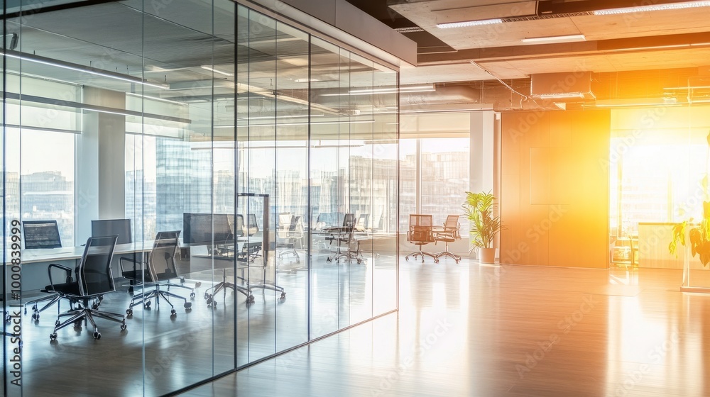 Bright modern office with glass-walled meeting room, coworking zone, and panoramic windows providing views of an urban environment Bright modern office with glass-walled meeting room, coworking zone, and panoramic windows providing views of an urban environment