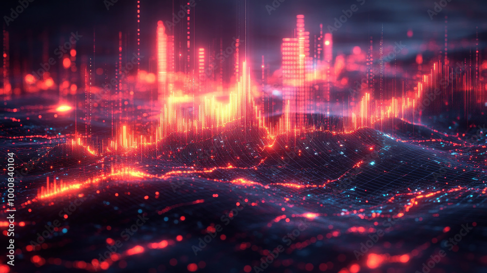 Naklejka premium A finance graph displaying predictive analytics in action, with real-time market data, AI-generated insights, and algorithmic predictions optimizing financial strategies for long-term growth