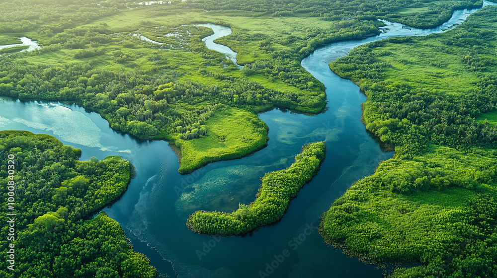 Z lotu ptaka delta rzeki ukazuje bujną roślinność oraz kręte koryta wodne, tworząc harmonijną kompozycję przyrody. Z lotu ptaka delta rzeki ukazuje bujną roślinność oraz kręte koryta wodne, tworząc harmonijną kompozycję przyrody.