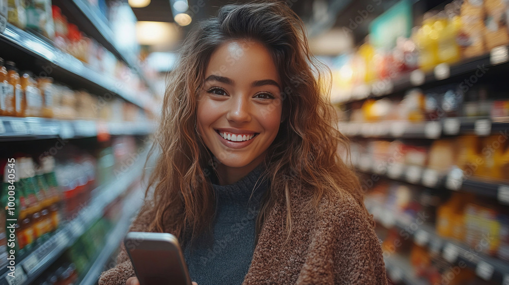 A happy woman using a mobile app in the grocery store, scanning items and managing her shopping list with a smile as she enjoys the convenience of technology A happy woman using a mobile app in the grocery store, scanning items and managing her shopping list with a smile as she enjoys the convenience of technology