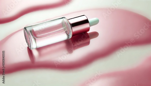 Transparent serum bottle with dropper lying on spilled pink liquid surrounded by droplets on a glossy surface.