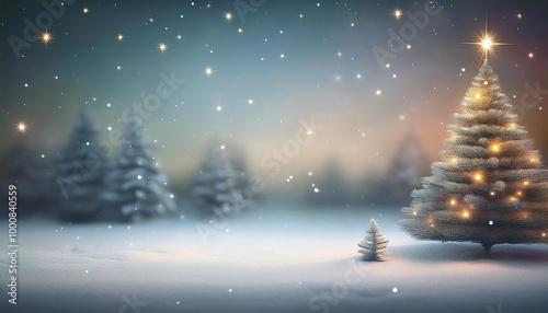 Snowy Winter Wonderland with Illuminated Christmas Tree