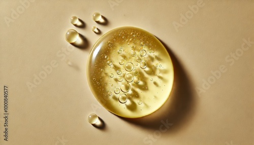 Yellow droplet with air bubbles and smaller drops on a beige surface.