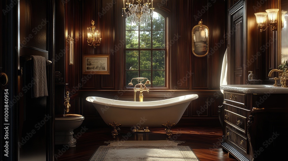A Victorian-style bathroom, featuring a clawfoot bathtub, vintage brass fixtures, and dark wood paneling, illuminated by soft, golden lighting from a crystal chandelier A Victorian-style bathroom, featuring a clawfoot bathtub, vintage brass fixtures, and dark wood paneling, illuminated by soft, golden lighting from a crystal chandelier