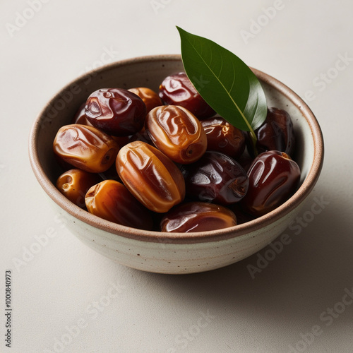 Photograph of a beautifully arranged bowl of juicy caramel colored dates