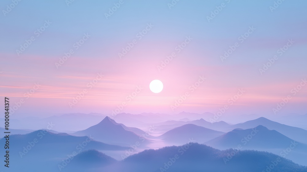 A mountain range with a pink sun in the sky A mountain range with a pink sun in the sky