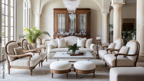 Elegant living room featuring handcrafted wooden armchairs, ottomans, a marble coffee table, and a sparkling crystal chandelier hanging above.