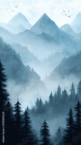 Misty Mountain Dreams: A serene watercolor painting of a misty mountain landscape, with a soft blue palette and a sense of tranquility.