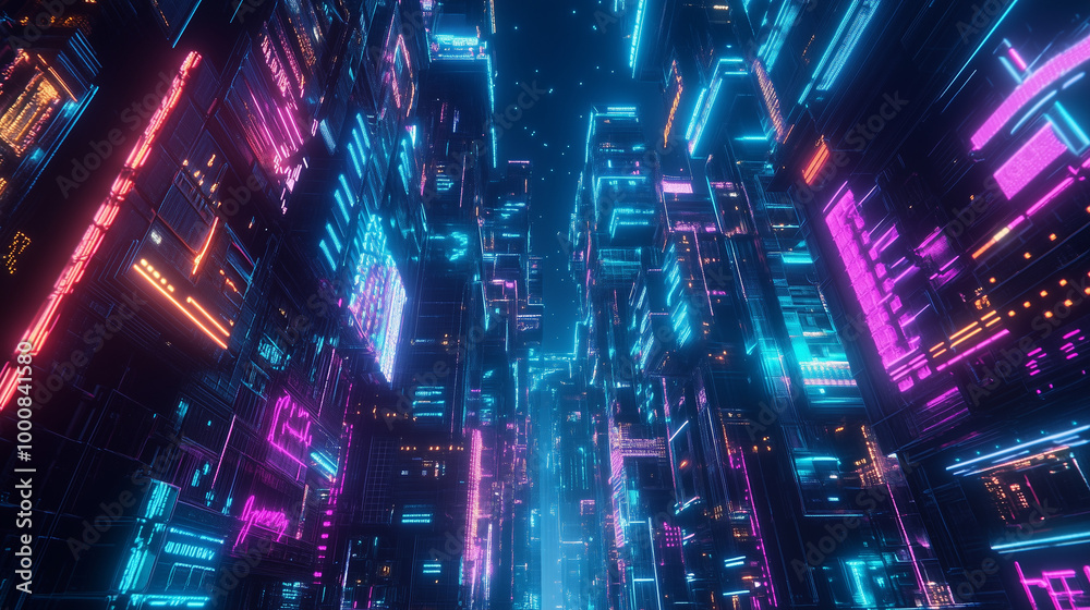 Futurystyczne miasto w którym neonowe światła pulsują w nocy, tworząc hipnotyzującą atmosferę. Futurystyczne miasto w którym neonowe światła pulsują w nocy, tworząc hipnotyzującą atmosferę.