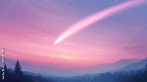 A comet is streaking across the sky over a mountain range