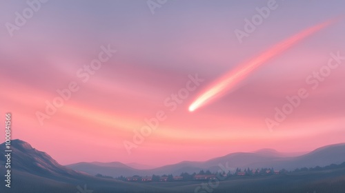 A comet is flying through the sky above a mountain range