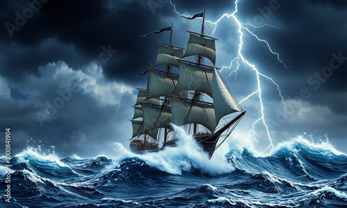 a large ship battling against a fierce storm at sea
