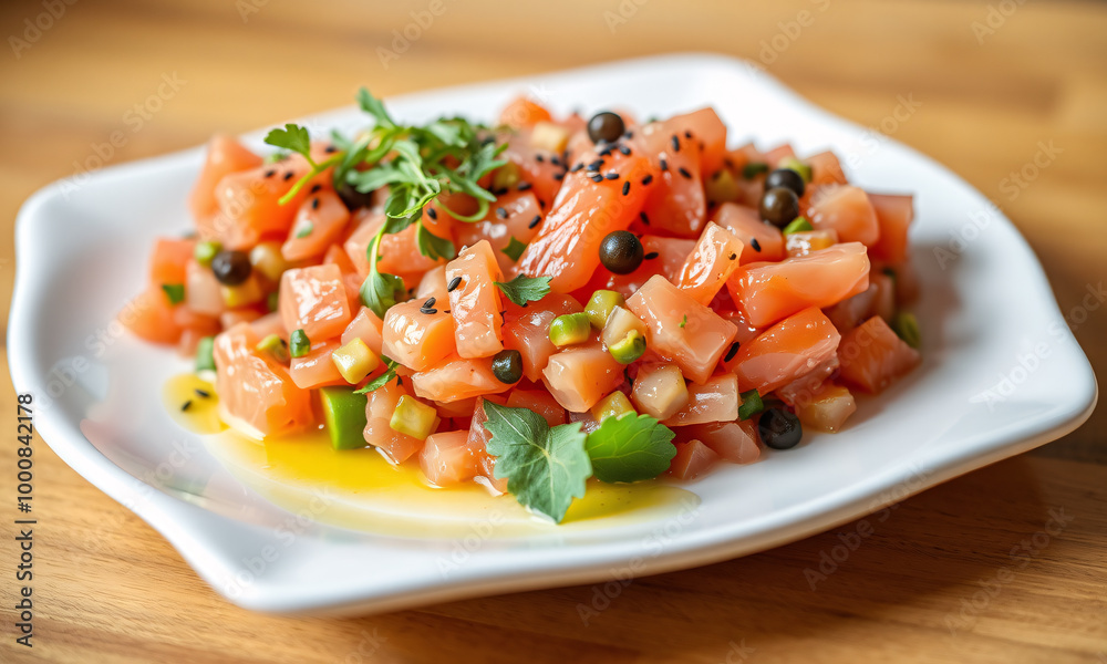 A vibrant plate of salmon tartare artfully arranged on a white ceramic dish A vibrant plate of salmon tartare artfully arranged on a white ceramic dish