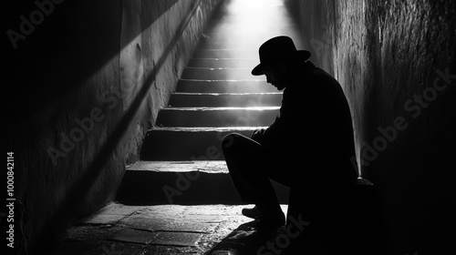 Silhouette man sitting downstair. Underground black and white scene