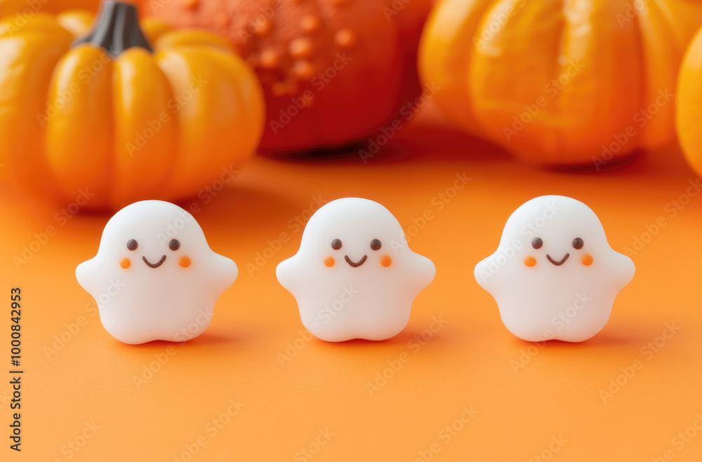 cute white ghosts and two pumpkins smiling on an orange background, a Halloween concept cute white ghosts and two pumpkins smiling on an orange background, a Halloween concept