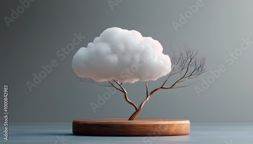 Half Cloud, Half Tree Sculpture on Wooden Base