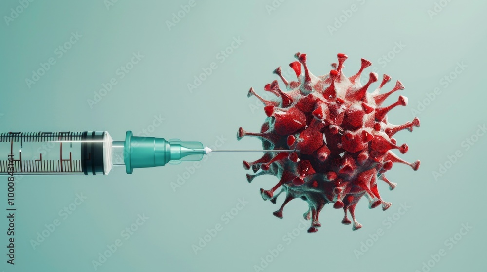 A syringe is being used to inject a red virus into a person A syringe is being used to inject a red virus into a person