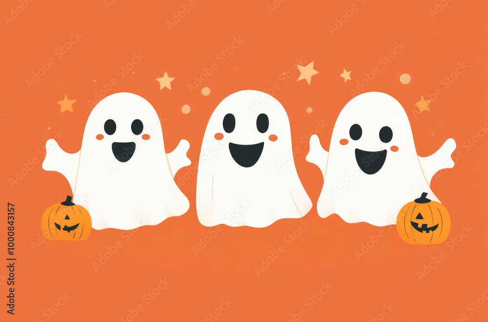 Obraz premium cute white ghosts and two pumpkins smiling on an orange background, a Halloween concept