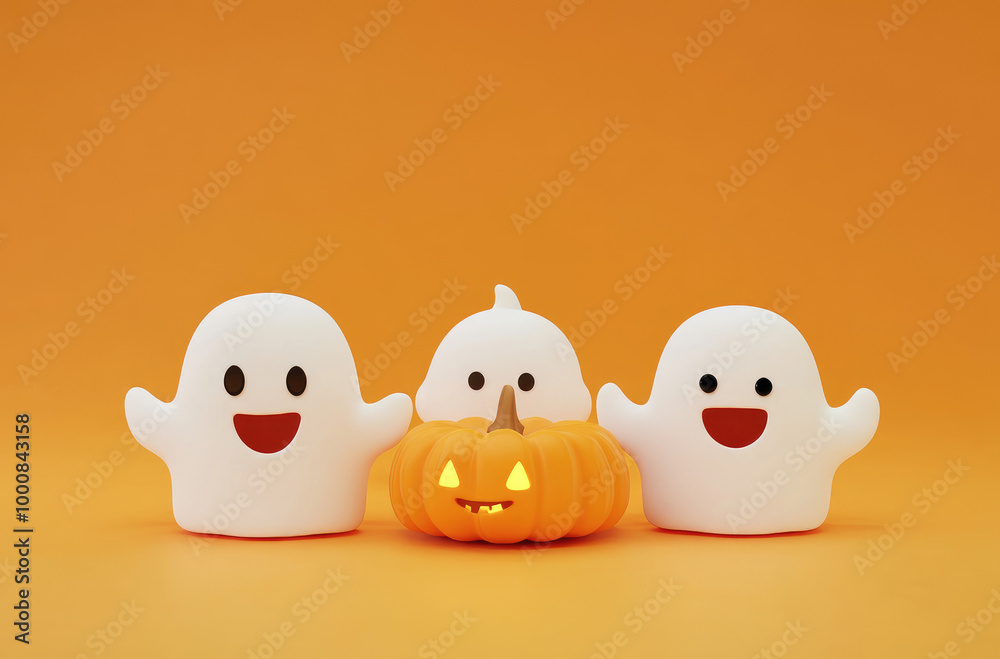 cute white ghosts and two pumpkins smiling on an orange background, a Halloween concept cute white ghosts and two pumpkins smiling on an orange background, a Halloween concept