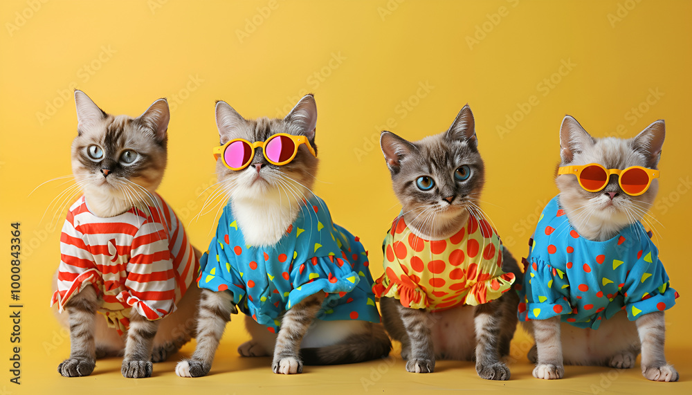 Creative animal concept. Group of cat in funky Wacky wild mismatch colourful outfits isolated on bright background advertisement. Creative animal concept. Group of cat in funky Wacky wild mismatch colourful outfits isolated on bright background advertisement.