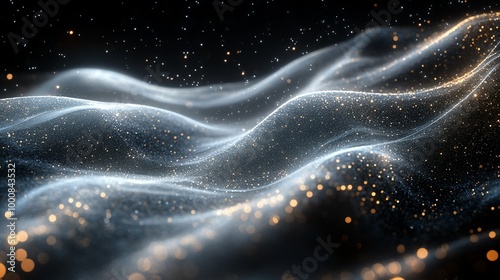 Abstract background of white and gold shimmering particles moving like waves. photo