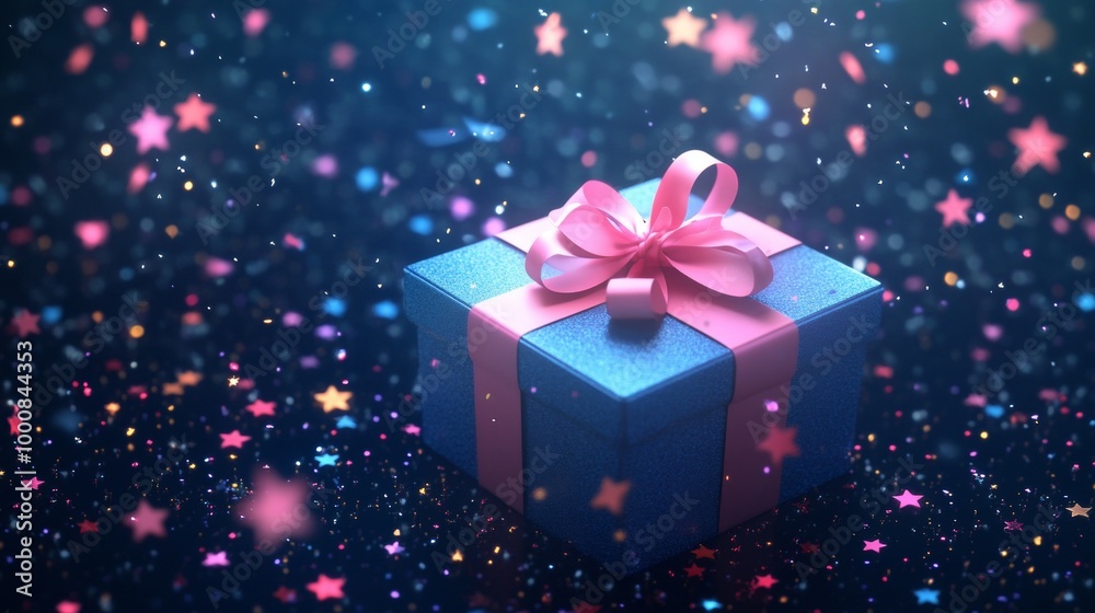 Blue Gift Box with Pink Ribbon on a Glittering Background Blue Gift Box with Pink Ribbon on a Glittering Background