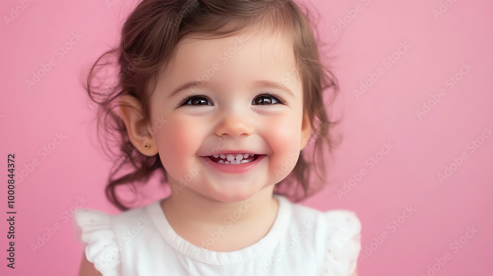A young girl with curly hair smiles brightly at the camera. A young girl with curly hair smiles brightly at the camera.