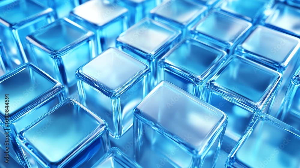 A close-up of a group of clear blue, reflective cubes. A close-up of a group of clear blue, reflective cubes.