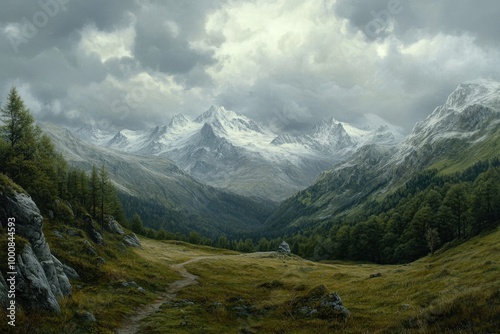 A winding path through a green valley leads towards a snow-capped mountain range under a cloudy sky.