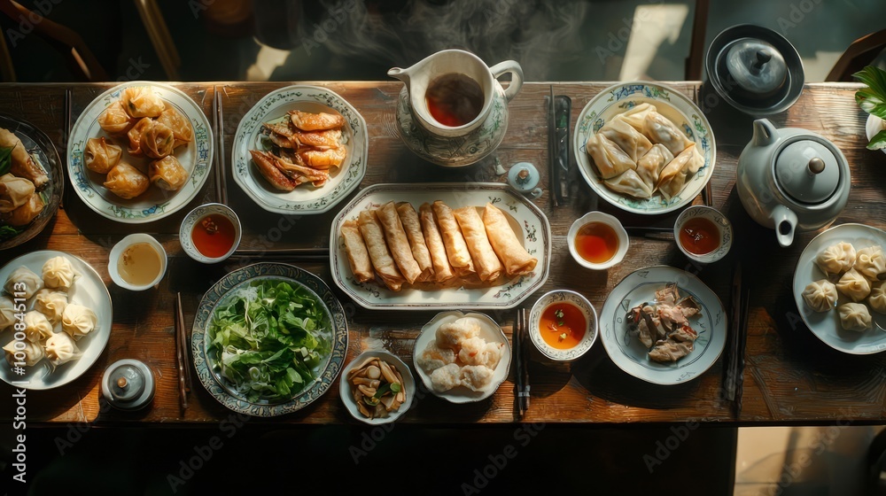 A cozy table setting featuring an Asian tea set, various spring rolls, fresh greens, and appetizers, ideal for casual dining. A cozy table setting featuring an Asian tea set, various spring rolls, fresh greens, and appetizers, ideal for casual dining.