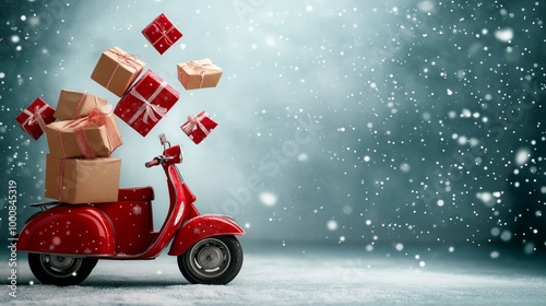 A festive red scooter surrounded by falling snow, with gifts flying out into the air, creating a magical holiday scene filled with excitement and the spirit of giving