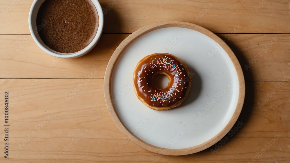 Obraz premium appetizing maple bar donut on wooden plate flat lay aesthetic setup for ads