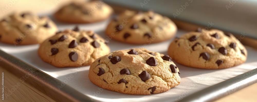 Freshly baked chocolate chip cookies on a tray. Freshly baked chocolate chip cookies on a tray.