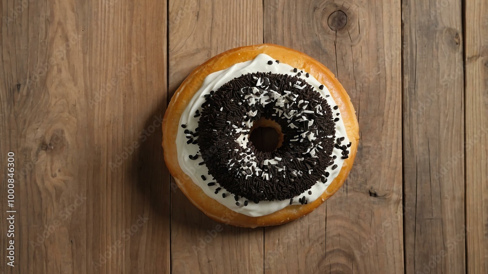 appetizing cookies and cream donut on wooden plate flat lay aesthetic setup for ads