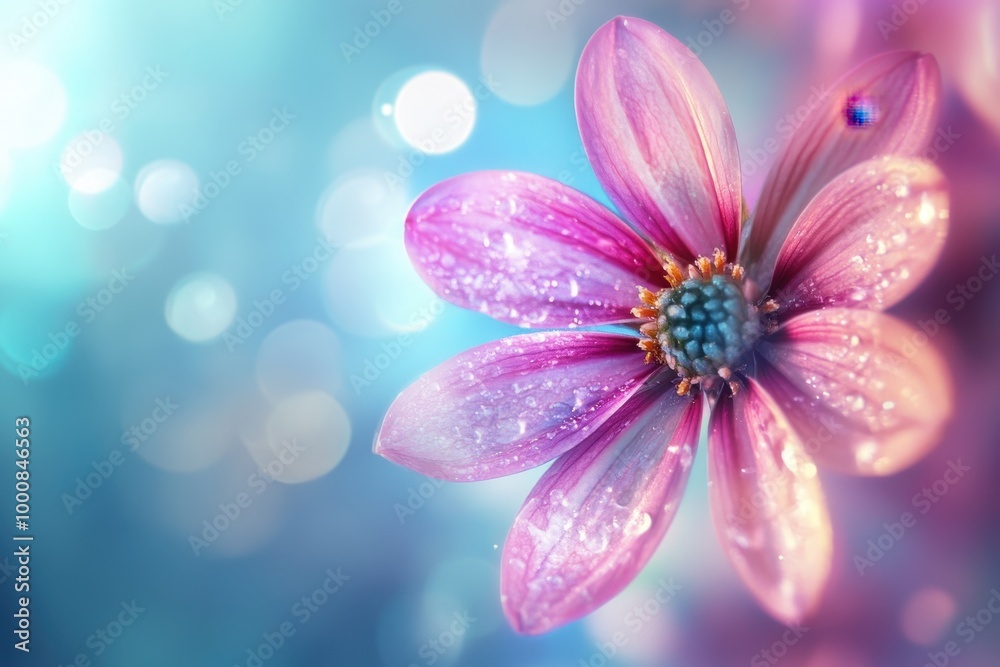 Pink flower with dew drops on petals, close up, soft blue background with bokeh. Pink flower with dew drops on petals, close up, soft blue background with bokeh.