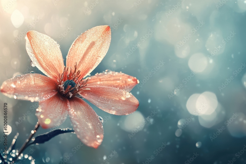 A single pink flower with dew drops on its petals, bathed in soft, warm light.
