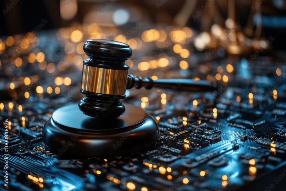 Gavel on a circuit board, symbolic of technology and justice. Gavel on a circuit board, symbolic of technology and justice.