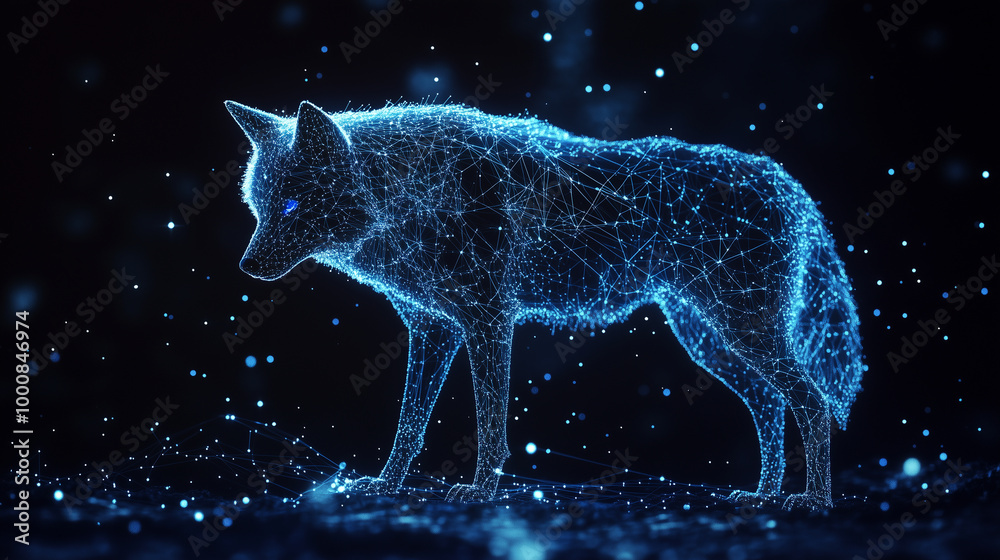Fototapeta premium Glowing golden particles surround the wolf head, creating a magical and ethereal atmosphere, enhancing the regal and powerful expression of the animal.