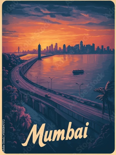 A stunning view of Mumbais skyline at sunset is captured in a vintage style, highlighting the coastline, a winding road, and a peaceful boat on the water. photo