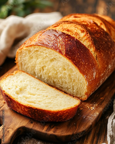 freshly baked loaf of crusty bread on rustic wooden cutting board