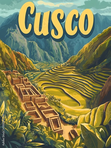 This vibrant travel poster captures Cuscos stunning scenery, showcasing lush green terraces and historical architecture against a majestic mountain backdrop. photo