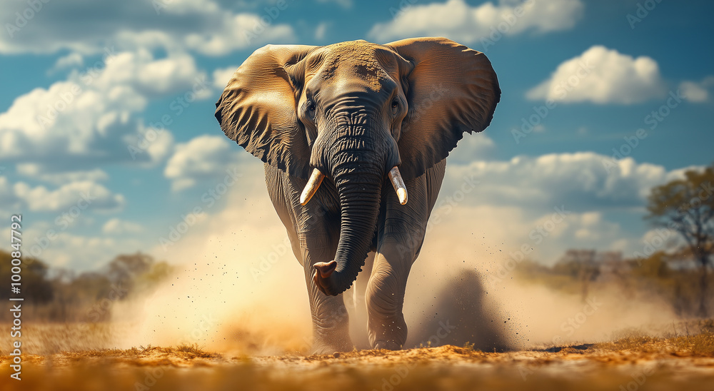 Fototapeta premium A striking black-and-white illustration of an elephant in full sprint, showcasing its speed and agility.